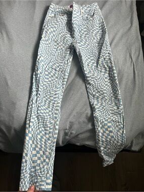 Blue & White Optical Checkered High-Waist Pants